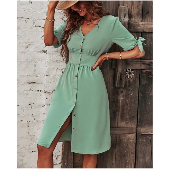 Boho Button up Puff Short Sleeve Midi Dress - Picture 5 of 10